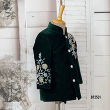 Load image into Gallery viewer, BT2531 Green Velvet Baby Boy Jodhpuri Suit with Floral Embroidery | Premium Party Wear
