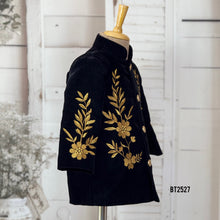 Load image into Gallery viewer, BT2527 Black Designer Baby Boy Velvet Party Jacket with Golden Floral Embroidery
