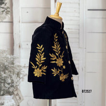 Load image into Gallery viewer, BT2527 Black Velvet Baby Boy Jodhpuri Suit with Gold Floral Embroidery | Luxury Party &amp; Wedding Wear
