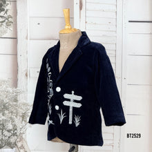 Load image into Gallery viewer, BT2529 Navy Blue Designer Baby Boy Velvet Blazer with Train Embroidery
