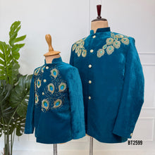 Load image into Gallery viewer, BT2599 Teal Peacock Embroidery Sherwani for Dad &amp; Son | Luxury Twinning Wedding Outfit
