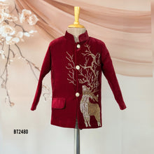 Load image into Gallery viewer, 🦌 BT2480 Majestic Deer Maroon Velvet Jodhpuri Suit for Baby Boys
