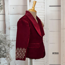 Load image into Gallery viewer, BT2533 Maroon Velvet Baby Boy Blazer with Gold Dragon Embroidery | Premium Birthday &amp; Wedding Outfit
