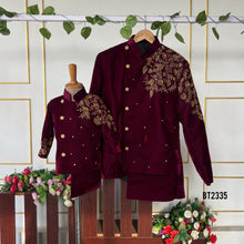 Load image into Gallery viewer, BT2335 🍷 Regal Burgundy Dad-Son Sherwani Set – Celebrate in Royal Style! 👑✨

