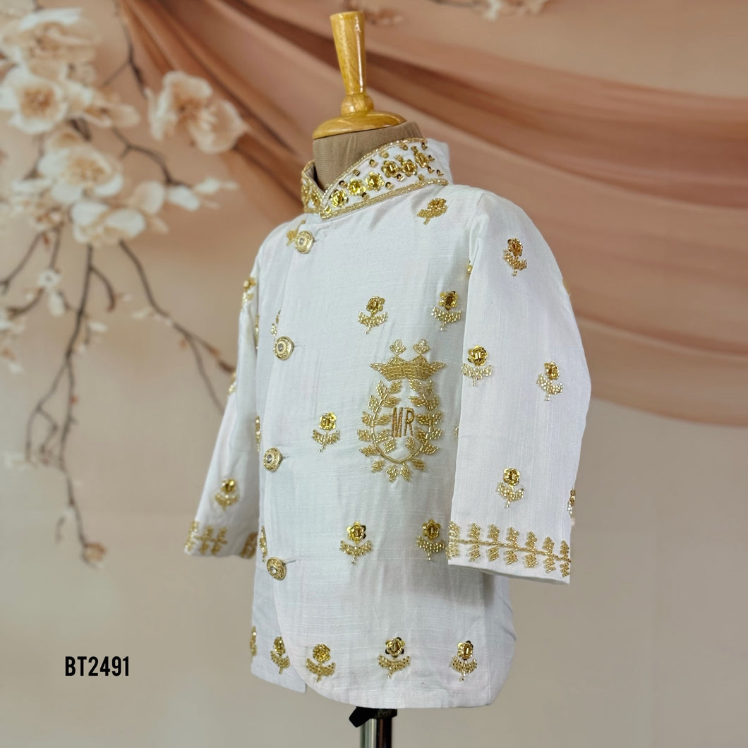 🤍 BT2491 Imperial White Baby Boy Jodhpuri Suit with Gold Embroidery