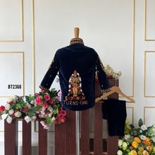 Load image into Gallery viewer, BT2368 Navy Blue Velvet Boys Sherwani with Golden Royal Crest Embroidery – Kids Party &amp; Wedding Wear
