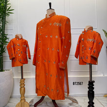 Load image into Gallery viewer, BT2567 Premium Orange Embroidered Dad–Son Kurta Combo
