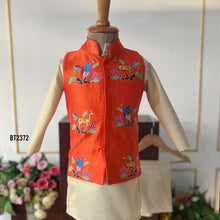 Load image into Gallery viewer, BT2372 Orange Embroidered Boys Nehru Jacket with Cream Kurta Pajama – Festive &amp; Wedding Outfit
