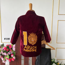 Load image into Gallery viewer, BT2385 Custom First Birthday Outfit for Baby Boy – Velvet Maroon Coat with Royal Lion Embroidery

