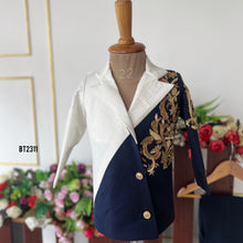 Load image into Gallery viewer, BT2311 White &amp; Navy Blue Boys Embroidered Blazer with Golden Detailing – Premium Party &amp; Wedding Outfit
