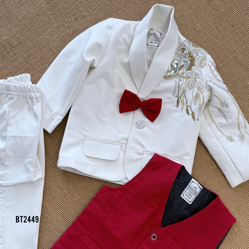 BT2449 Designer Baby Boy White Blazer Set with Red Bow and Hand Embroidery