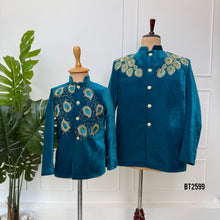 Load image into Gallery viewer, BT2599 Teal Peacock Embroidery Sherwani for Dad &amp; Son | Luxury Twinning Wedding Outfit
