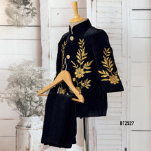 Load image into Gallery viewer, BT2527 Black Designer Baby Boy Velvet Party Jacket with Golden Floral Embroidery
