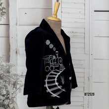 Load image into Gallery viewer, BT2529 Navy Blue Designer Baby Boy Velvet Blazer with Train Embroidery
