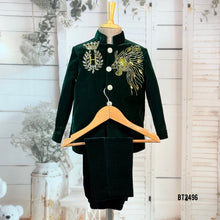 Load image into Gallery viewer, BT2496 Deep Green Velvet Baby Boy Indo-Western | Lion Crest Embroidered Royal Party Wear
