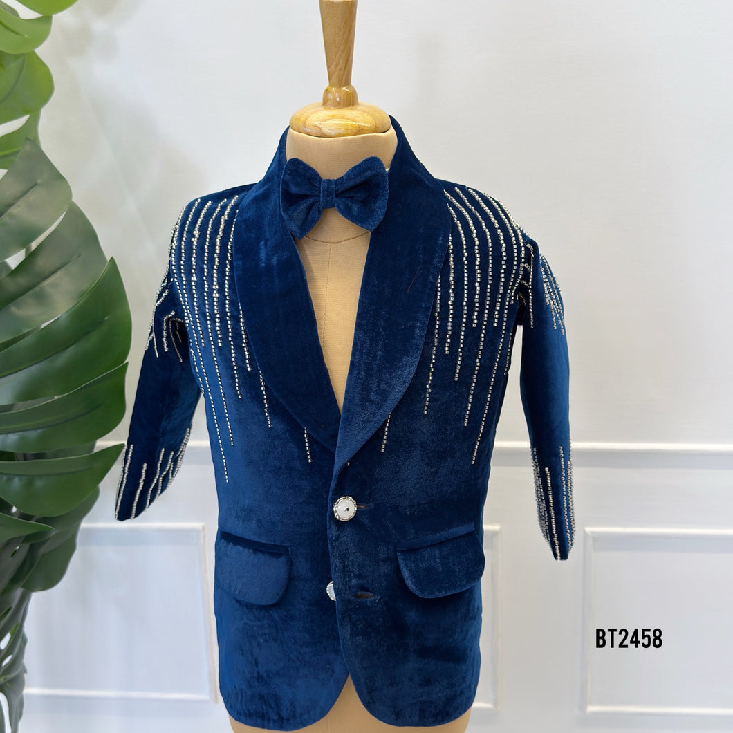 BT2458 Midnight Sparkle Velvet Baby Boy Blazer with Crystal Line Embroidery 💙✨