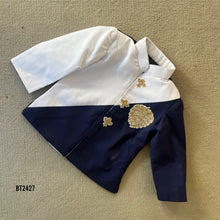 Load image into Gallery viewer, BT2427 White &amp; Navy Blue Boys Party Wear Blazer with Golden Crest – Premium Birthday &amp; Wedding Outfit
