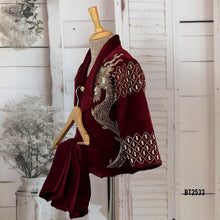 Load image into Gallery viewer, BT2533 Maroon Velvet Baby Boy Blazer with Gold Dragon Embroidery | Premium Birthday &amp; Wedding Outfit
