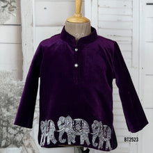 Load image into Gallery viewer, BT2523 Royal Purple Velvet Baby Boy Kurta with Silver Elephant Border Embroidery
