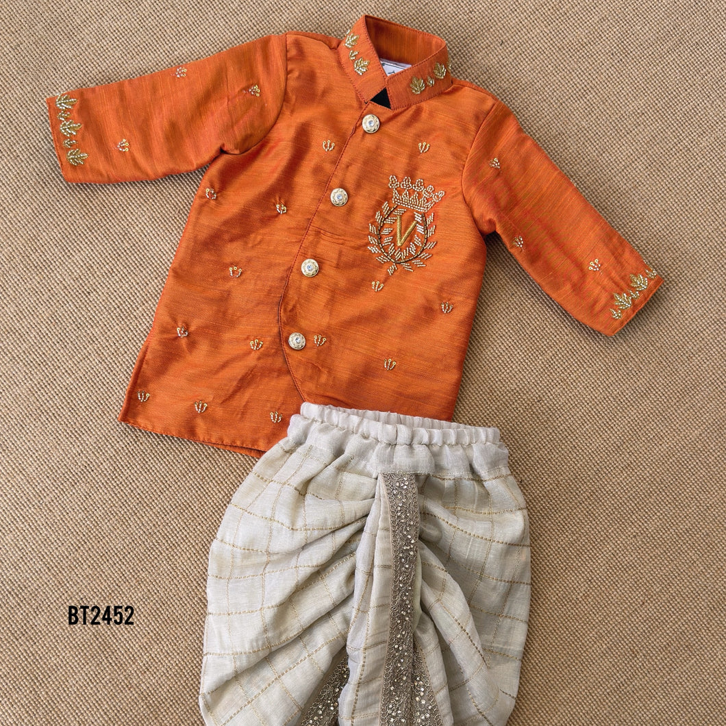 BT2452 Designer Baby Boy Rust Orange Kurta with Hand Embroidered Royal Crest