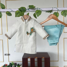 Load image into Gallery viewer, BT2391 White Boys Kurta with Peacock Feather Embroidery &amp; Aqua Blue Pajama – Traditional Festive &amp; Wedding Outfit

