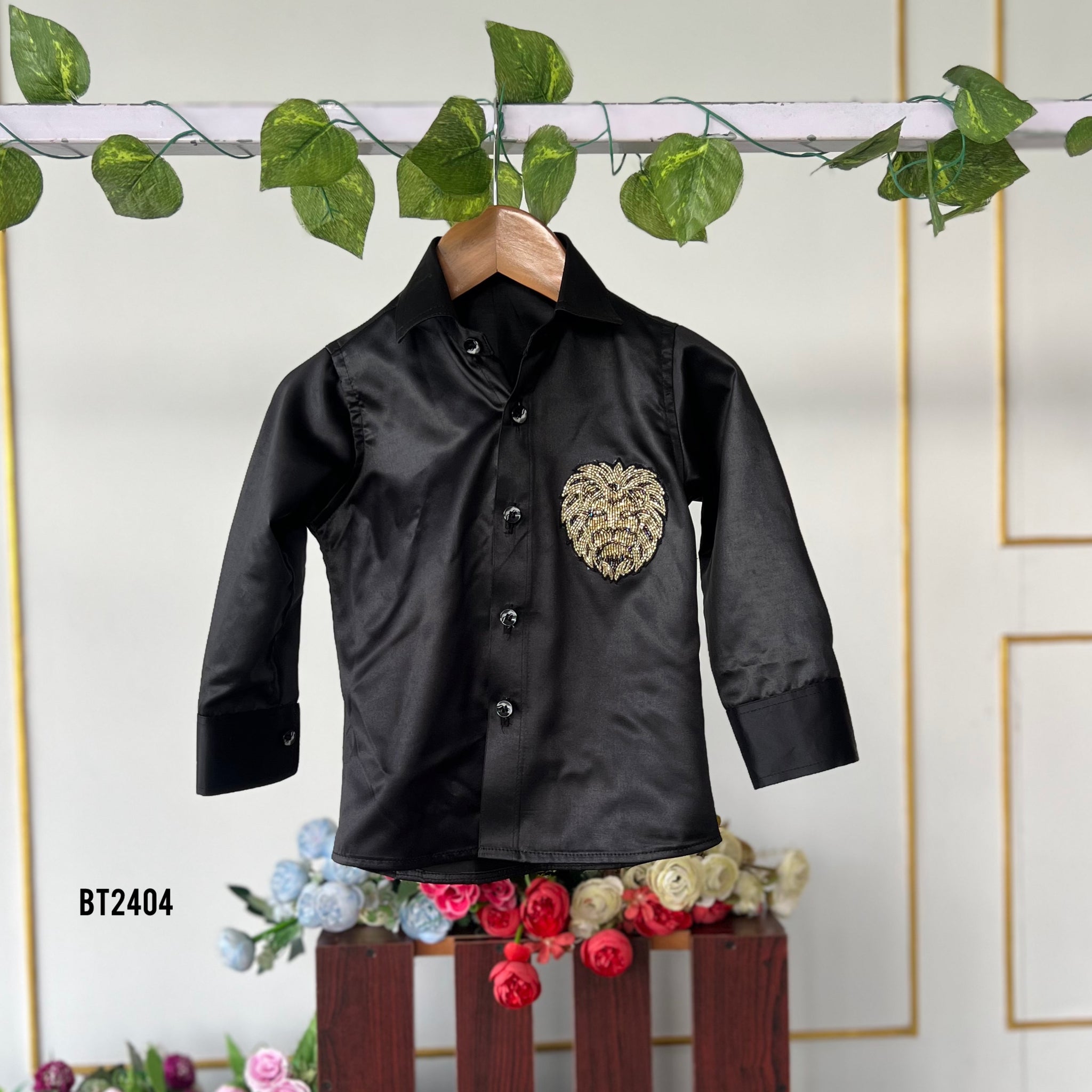 BT2404 Black Boys Satin Shirt with Golden Lion Embroidery – Premium Pa –  BabyTeen Fashion