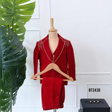 Load image into Gallery viewer, BT2438 Designer Baby Boy Wine Red Velvet Blazer Set with Shoulder Chain Detailing
