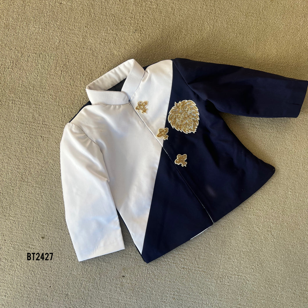 BT2427 White & Navy Blue Boys Party Wear Blazer with Golden Crest – Premium Birthday & Wedding Outfit