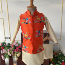 Load image into Gallery viewer, BT2372 Orange Embroidered Boys Nehru Jacket with Cream Kurta Pajama – Festive &amp; Wedding Outfit
