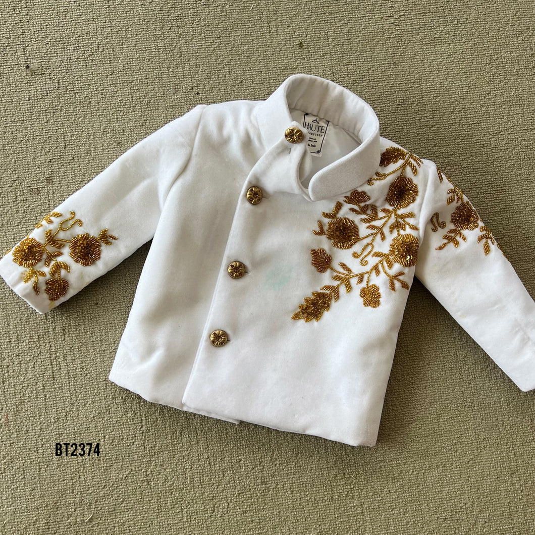 BT2374 White Baby Boy Embroidered Blazer with Golden Floral Work – Premium Party & Wedding Outfit