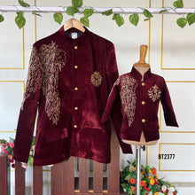 Load image into Gallery viewer, BT2377 Royal Maroon Velvet Dad-Son Matching Sherwani Set with Golden Embroidery – Family Twinning Outfit
