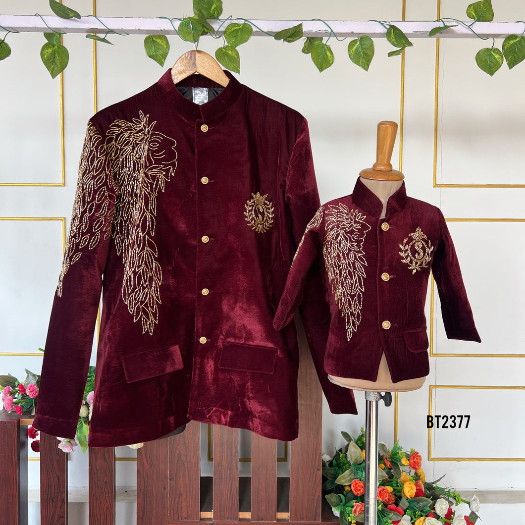 BT2377 Royal Maroon Velvet Dad-Son Matching Sherwani Set with Golden Embroidery – Family Twinning Outfit