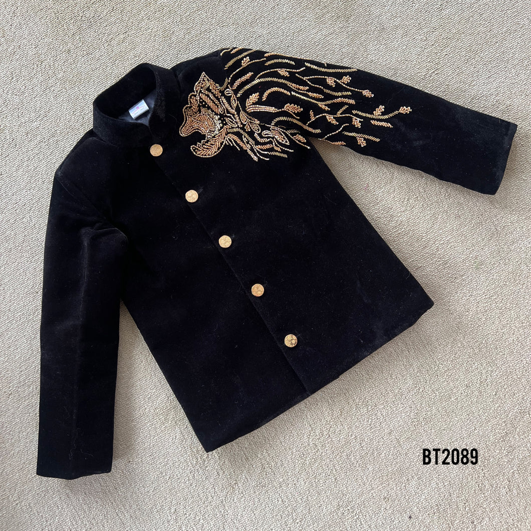 BT2089 ✨Golden Blaze: Regal Black Party Wear Jacket for Baby Boys ✨