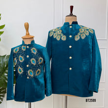 Load image into Gallery viewer, BT2599 Teal Peacock Embroidery Sherwani for Dad &amp; Son | Luxury Twinning Wedding Outfit
