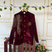 Load image into Gallery viewer, BT2377 Royal Maroon Velvet Dad-Son Matching Sherwani Set with Golden Embroidery – Family Twinning Outfit
