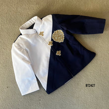 Load image into Gallery viewer, BT2427 White &amp; Navy Blue Boys Party Wear Blazer with Golden Crest – Premium Birthday &amp; Wedding Outfit
