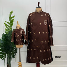 Load image into Gallery viewer, BT2675 Royal Chocolate Brown Embroidered Indo Western Sherwani for Dad Son
