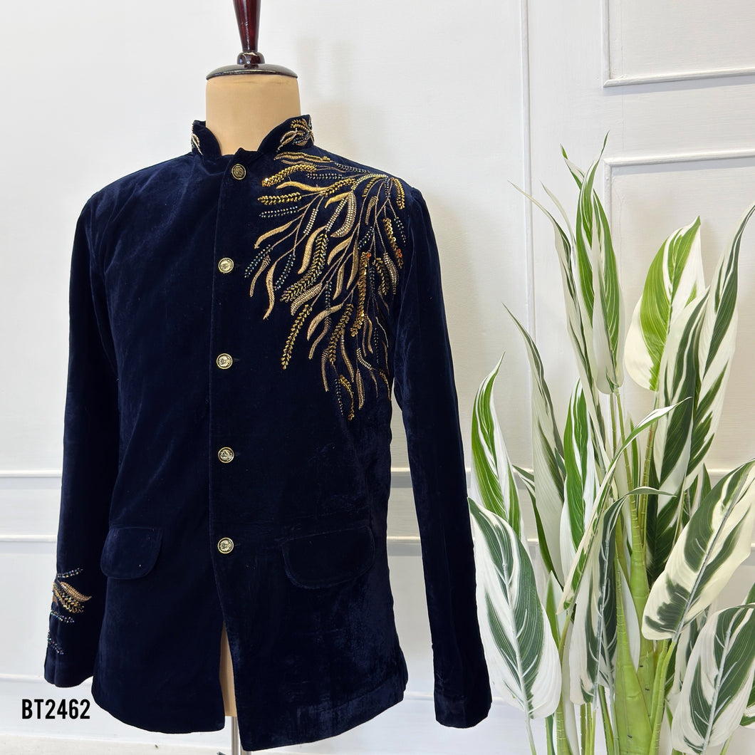 BT2462 Royal Leaf Cascade Embroidered Velvet Jodhpuri for Dad 🌿✨