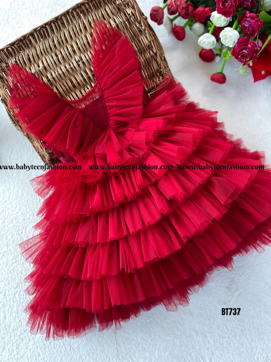 BT737 Radiant Red Ruffle Dress – A Cascade of Charm