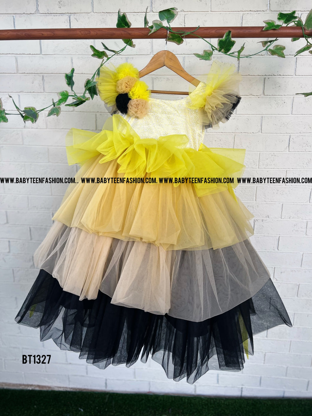 BT1327 Multicolour Party Wear Frock with Embellished Hand Made Flowers