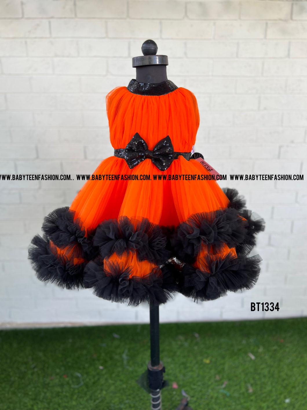 BT1334 Orange Black Double Ruffle Frock