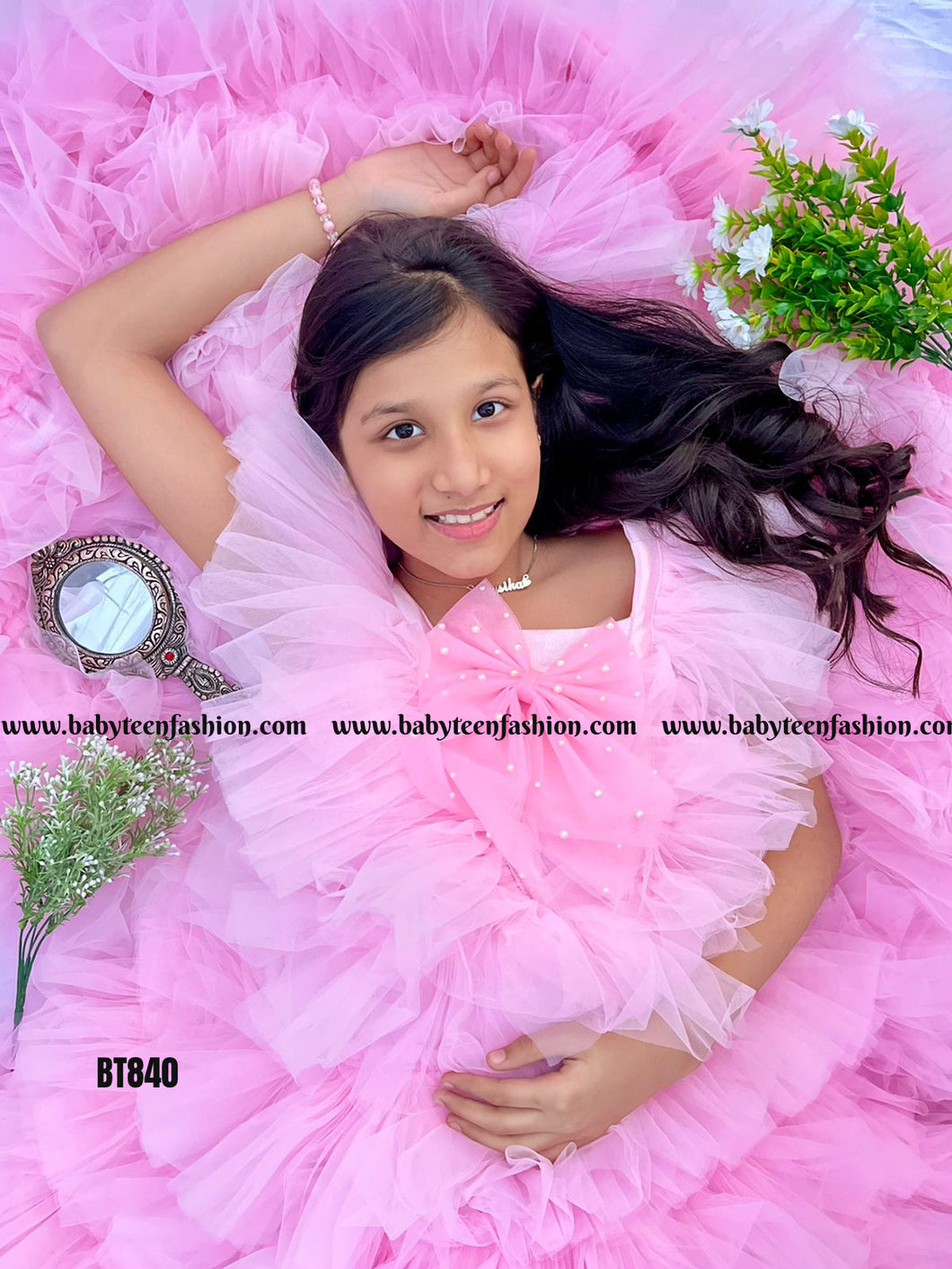 BT840 Baby Pink Multilayer Frock Detachable Long Princess Trail Baby and Teenage Girls