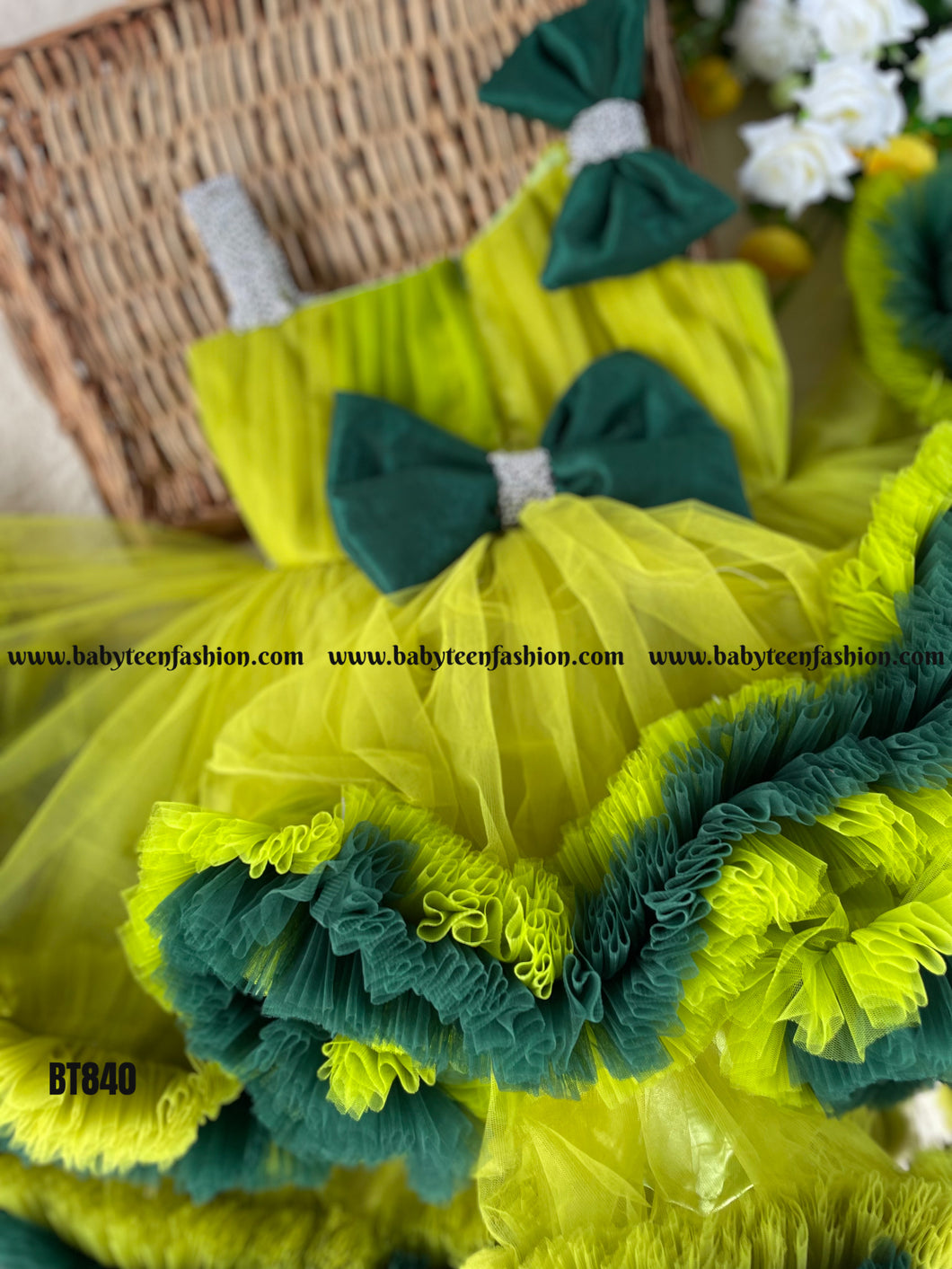 BT840 Shades of Dark and Light Green One shoulder Birthday Frock Intricated with Silver Lace