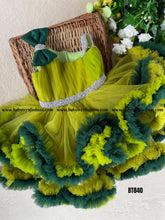 Load image into Gallery viewer, BT840 Shades of Dark and Light Green One shoulder Birthday Frock Intricated with Silver Lace
