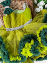 Load image into Gallery viewer, BT840 Shades of Dark and Light Green One shoulder Birthday Frock Intricated with Silver Lace
