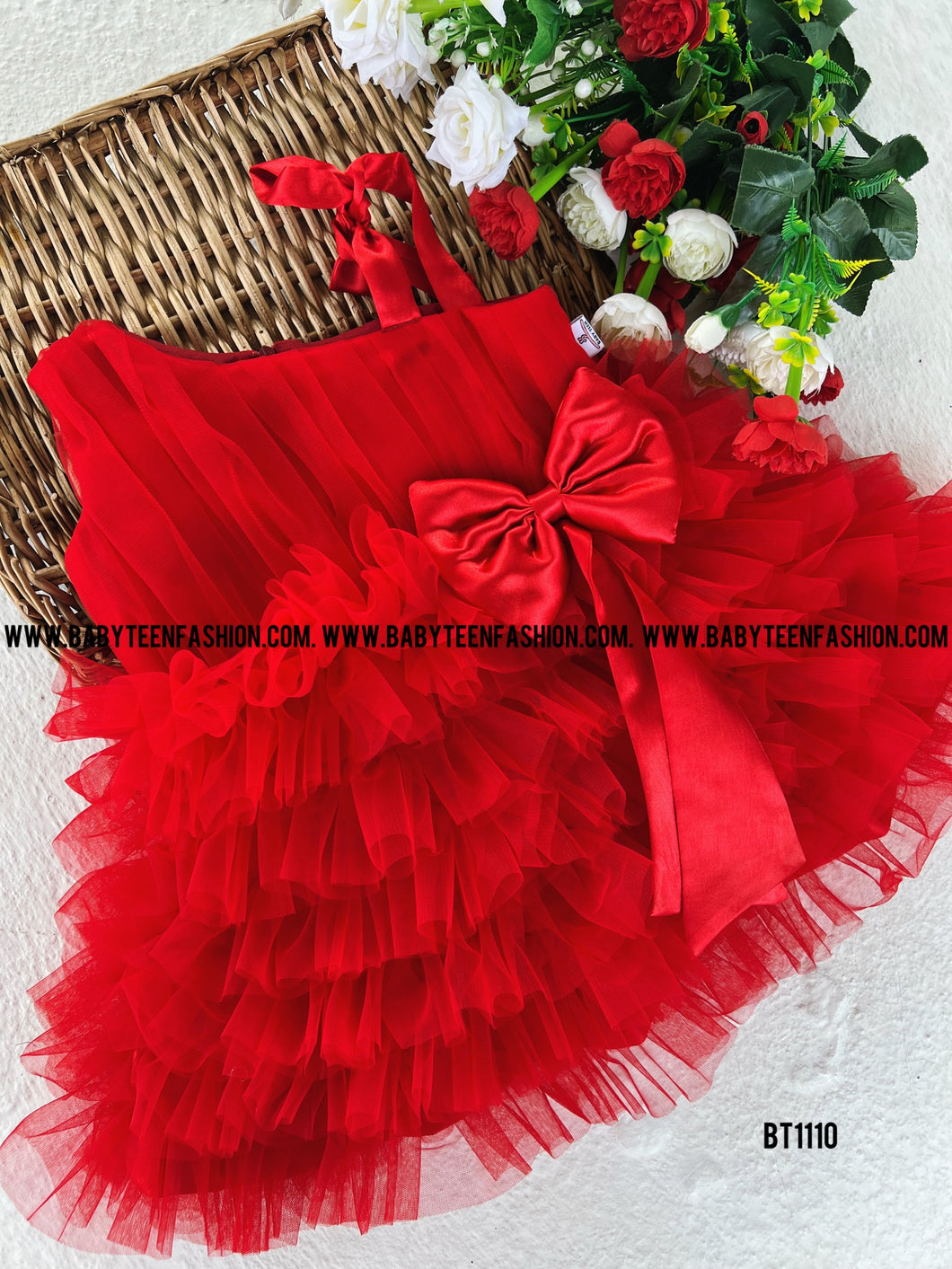 BT1110 Red Party Wear Frock For Baby and Teens