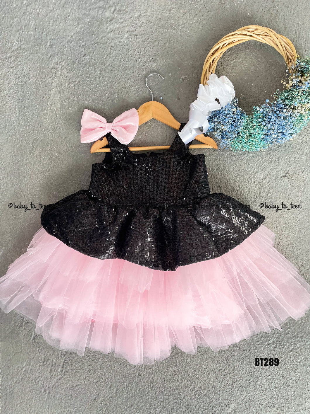 BT289 Pink and Black Sequins Peplum Birthday Frock