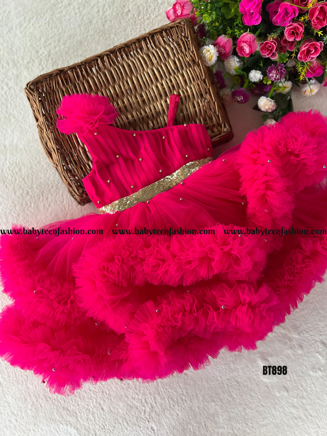 BT898 Hot pink pearl embellished frock