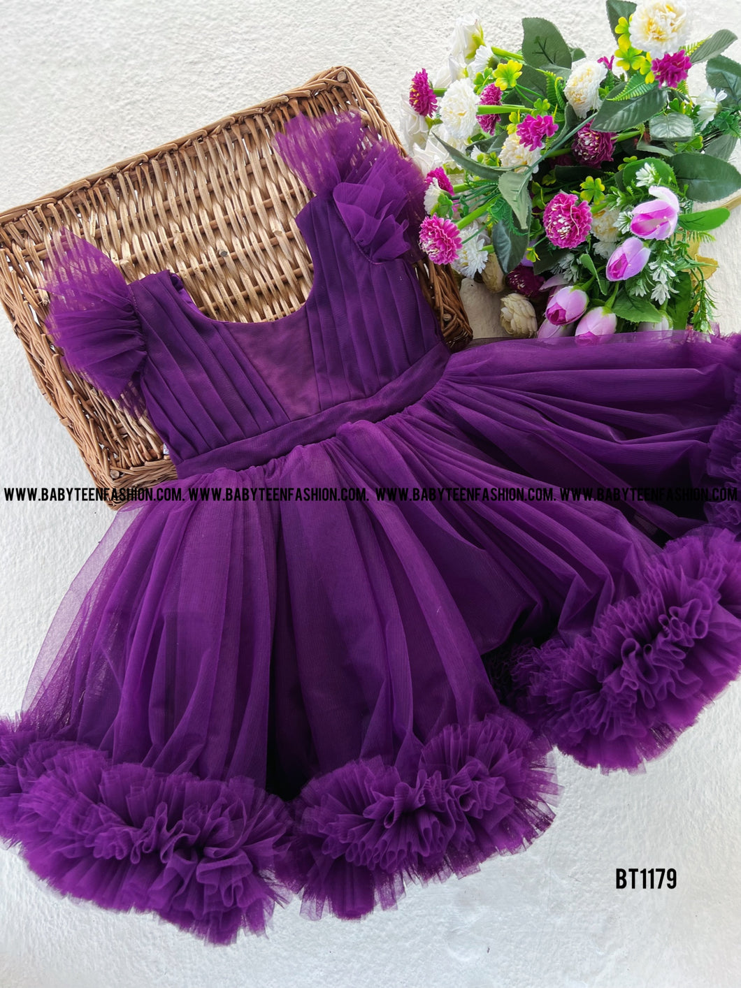 BT1179 Single Color Ruffle Party Wear Frock for Babies and Teenage Girls
