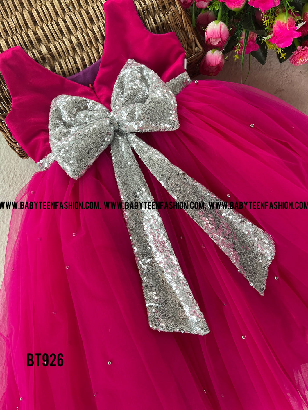 BT926 Sleeveless Hotpink Pearl Embellished Gown